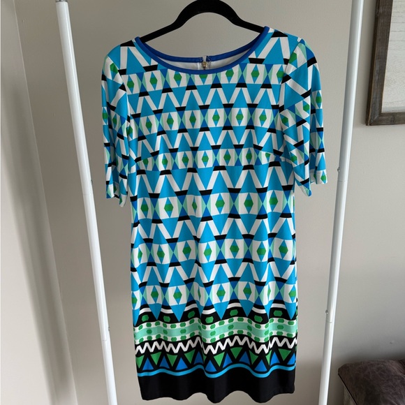 Eliza J Dresses & Skirts - Eliza J Blue, Aqua & Black Graphic Shift Dress